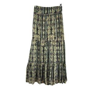 Solitaire Tiered Maxi Skirt Women 8 Black Tan Abstract Elastic Waist Boho Flowy